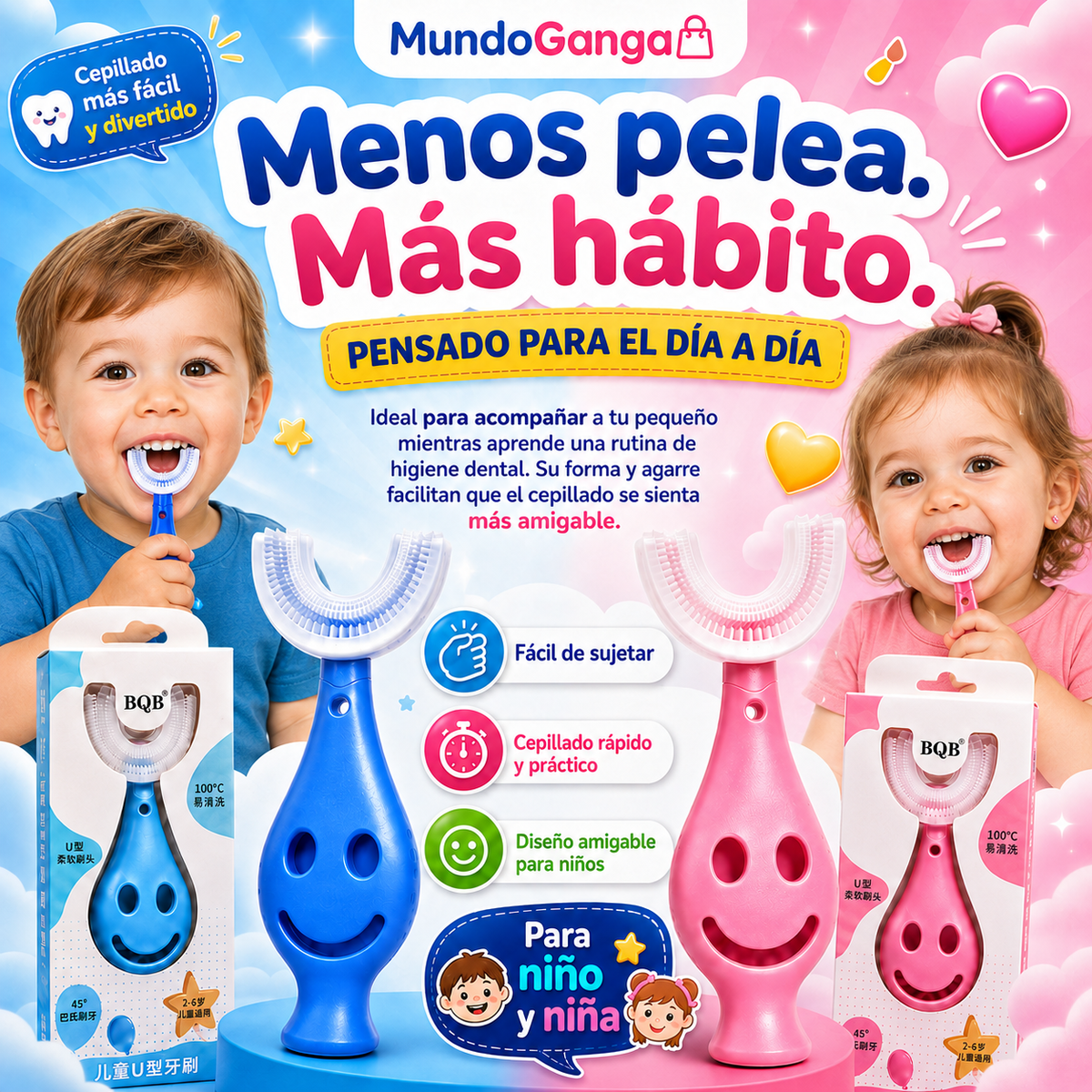 Niño y niña usando cepillo